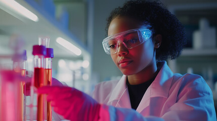 Poster - lab technician conducting experiments with colorful solutions in a modern laboratory setting