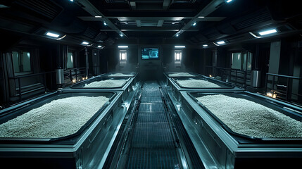 Poster - Futuristic lab interior with rows of containers filled with white substance.