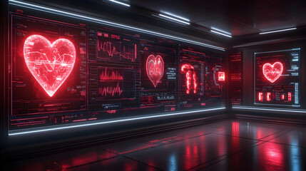 Poster - Futuristic medical control room with glowing heart rate monitors on large screens.