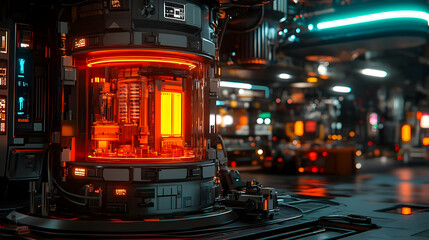 Poster - Futuristic technology lab with glowing reactor core in glass containment.
