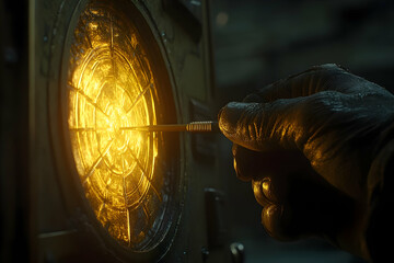 Poster - Gloved hand using a tool on a glowing circular device.