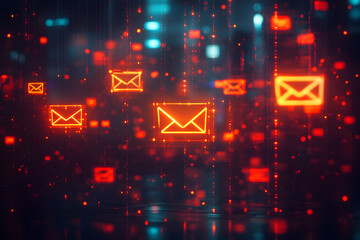Poster - Glowing email icons float in a digital space.