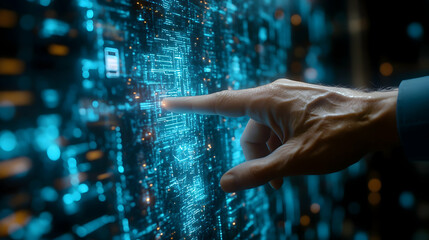 Poster - Hand interacting with futuristic digital interface.
