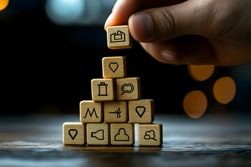 Poster - Hand placing wooden block with icon on top of pyramid structure.
