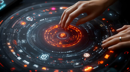 Poster - Hands interacting with a futuristic, circular, glowing interface.