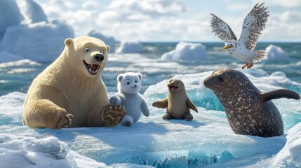 Wall Mural - Happy arctic animals on ice.