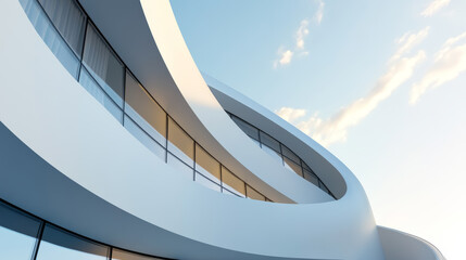 Poster - unique modern architecture features sweeping curves and expansive windows at sunset