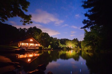 Poster - A starry night over a calm, remote lake with the Milky Way stretching across the sky