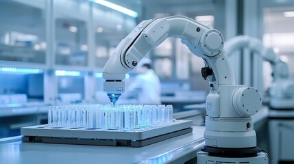 Poster - A robot is working on a table with many glass containers