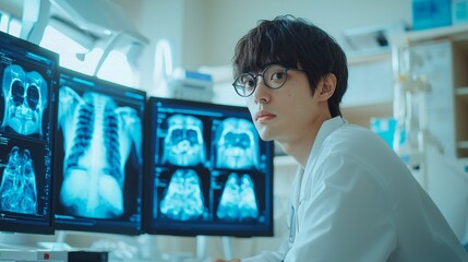 Aufkleber - A man in a white lab coat is looking at a computer monitor displaying a series o
