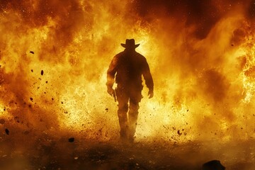  A silhouetted male cowboy in a hat walks confidently through a fiery explosion, evoking a sense of danger and adventure.