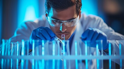 Aufkleber - A man in a lab coat is looking at a test tube
