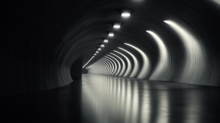 Poster - curved concrete tunnel with bright lights reflecting on the wet floor at night