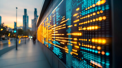 Poster - Illuminated digital data display on city street at dusk.