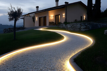 Wall Mural - Illuminated pathway winding to modern house at dusk.