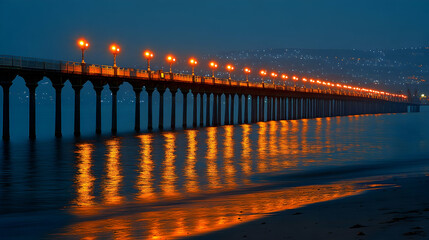 Wall Mural - Illuminated pier at night reflecting on calm ocean waters.