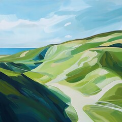 Poster - Coastal Hills Landscape Painting: Serene Green Hills and Ocean View