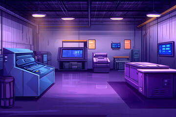 Poster - Industrial interior with machinery and screens.