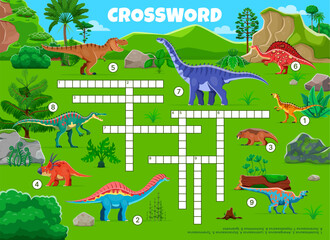 Poster - Crossword quiz game grid with prehistoric dinosaurs and Jurassic lizards, vector worksheet. Kids cartoon crossword quiz game to guess names of dinosaurs, giant lizards and prehistoric dino reptiles