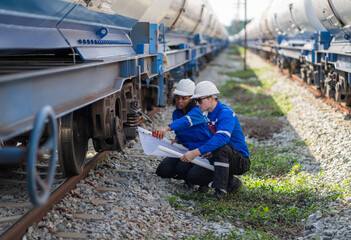 Wall Mural - Male Engineer railway under checking construction process oil cargo train and checking railway work on railroad station.