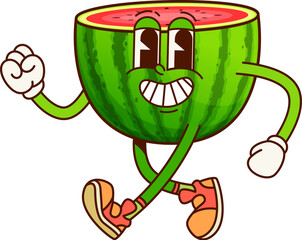 Wall Mural - Groovy cartoon watermelon half funny character. Delicious ripe watermelon cheerful funky isolated vector mascot, summer dessert food happy smiling personage. Juicy fruit cut in half happy character