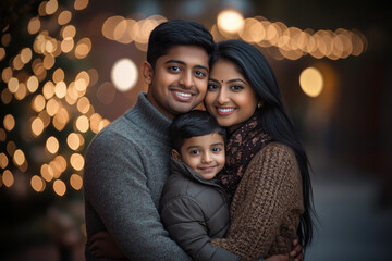 Wall Mural - Portrait of a happy Indian ethnic young couple and their little son in a festivity background