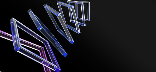 Poster - Abstract 3d black background wallpaper with glass square frames flying in row perspective. Crystal render borders with holographic gradient light effect, digital graphic tech banner. 3D illustration