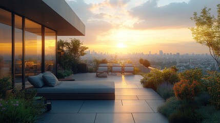 Wall Mural - Sunset rooftop terrace, city view, modern furniture.