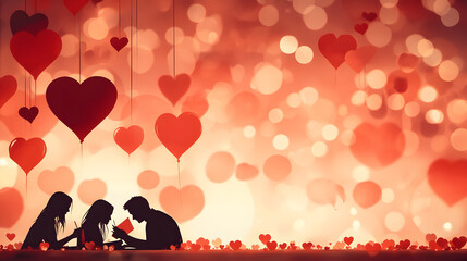Aufkleber - A romantic scene featuring silhouettes of a couple surrounded by hanging red hearts and a dreamy, soft bokeh background