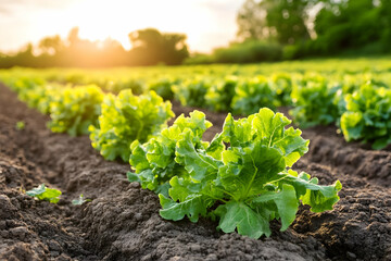 Wall Mural - Lush green lettuce plants growing in rows in a field at sunset.