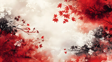 Poster - A serene abstract design featuring red and white foliage against a soft, cloud-like background, evoking a peaceful autumn atmosphere