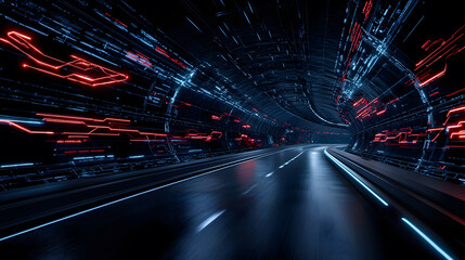 Poster - A futuristic tunnel with vibrant blue and red lights, creating a sense of motion and speed, evoking a sci-fi atmosphere