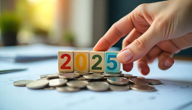  Happy New Year 2025, A hand arranging wooden blocks with the numbers 2025 on a stack of coins represents financial planning or goal setting for 2025, banner, poster, created with generativae ai