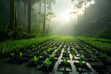 Wall Mural - Lush green seedlings in a misty forest plantation at sunrise.