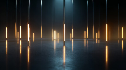 Poster - Vertical light pillars shine in a dark studio space, creating a captivating modern atmosphere