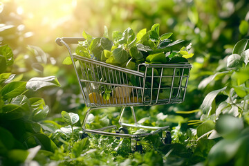 Wall Mural - Mini shopping cart filled with fresh green herbs in lush garden.