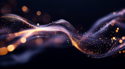 Poster - flowing waves of golden particles create a mesmerizing visual effect in dark background