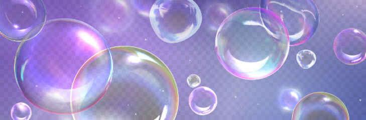 Poster - floating transparent spheres with prismatic reflections. multiple soap bubbles with iridescent color