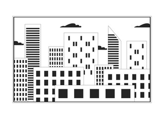 Poster - Cityscape skyscrapers frame black and white 2D line object. City buildings window rectangle. Town skyline downtown district isolated clip art vector outline item. Monochromatic spot illustration