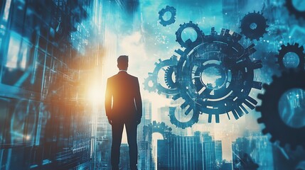 Canvas Print - Businessman facing futuristic cityscape with gears.