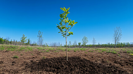 New Growth Against a Azure Sky: A single sapling stands tall amidst freshly tilled earth, reaching towards a vibrant blue sky.  A symbol of new beginnings, environmental conservation.