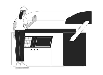 Poster - Industrial manufacturing press linear illustration. Arab woman hardhat operator working on hydraulic press brake machine 2D line character isolated on white. Monochrome vector outline image