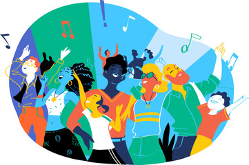 Wall Mural - Group of people of different ages is happy to be together dancing and celebrating a special event. Happy family enjoy concert, music festival, party, show, performance, recital. Vector illustration