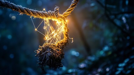 Aufkleber - Illuminated rope connecting threads of light in enchanted forest nature photography magical atmosphere close-up view