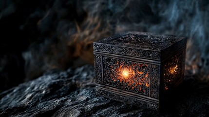 Poster - Mystical box glowing in darkness enchanted cave fantasy art mysterious environment close-up perspective