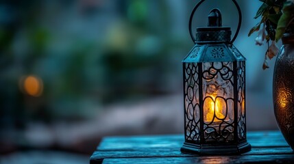 Poster - Soft glowing lantern illuminating darkness tranquil garden photography evening atmosphere close-up serenity concept