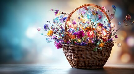 Poster - Floating thoughts in a woven basket full of colorful blooms enchanting ambience artistic perspective