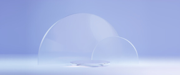 Poster - 3d blue glass podium. Luxury cosmetic platform in abstract studio. Empty shiny crystal pedestal on floor mockup. Realistic elegant photography showroom with circular stage backdrop illustration.