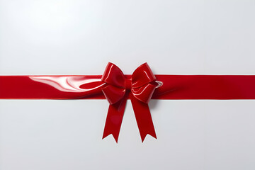 The image shows a shiny red ribbon tied in a bow, positioned horizontally across a plain white background. The bow has two long, pointed tails extending downwards.
