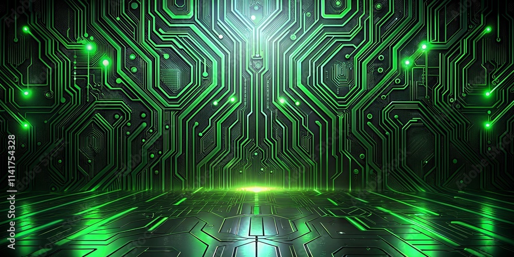 Glowing Green Circuit Board Technology Background with Reflective Floor ...